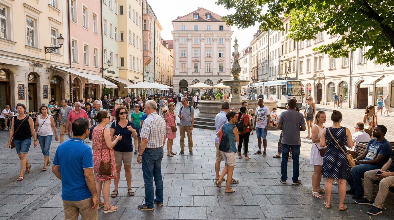 Documentary photo of people in an urban public square